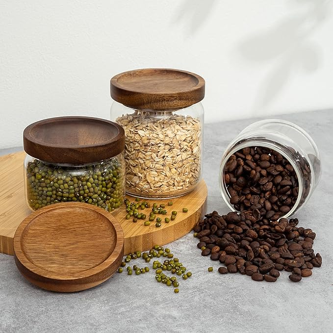 1 PC Small Glass Storage Jars with Airtight Lids, 17 fl oz (500ml) coffee container with Wooden Lid, Glass Pantry Canister for Beans, Rice, Sugar and etc