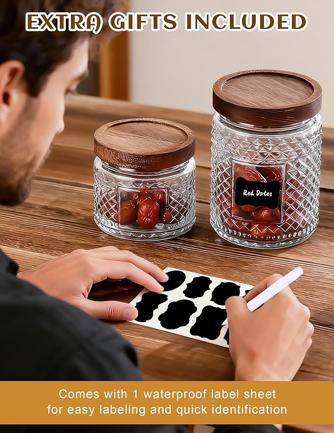 Glass Jar with Wood Lid and Label - 12 OZ Small Kitchen and Pantry Storage Container for Countertop, Airtight Decorative Vintage Canister for Candy, Cookie, Treat, Sugar, Coffee, Tea