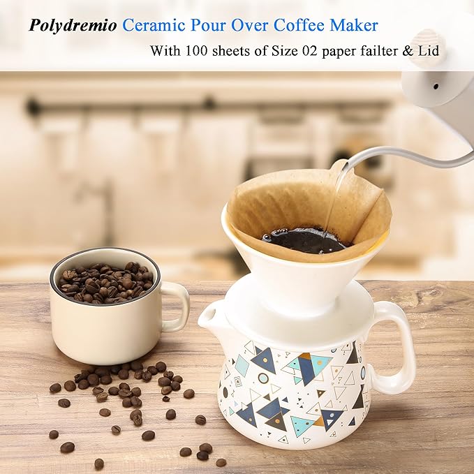 Pour Over Coffee Maker, Ceramic Coffee dripper with 100 pcs Size 02 Paper Filter, Ceramic coffee Server with Lid, 15.5oz/450 ml, Suitable for 1-2 people (White A)