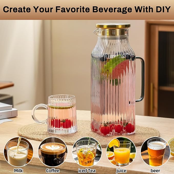 Square Glass Pitcher with Lid and Spout,68 oz/2 Liter Vertical Stripes Water Pitcher for Fridge, Borosilicate Glass Water Carafe for Cold Brew, Coffee, Lemonade, Sun Tea,Heat Resistant