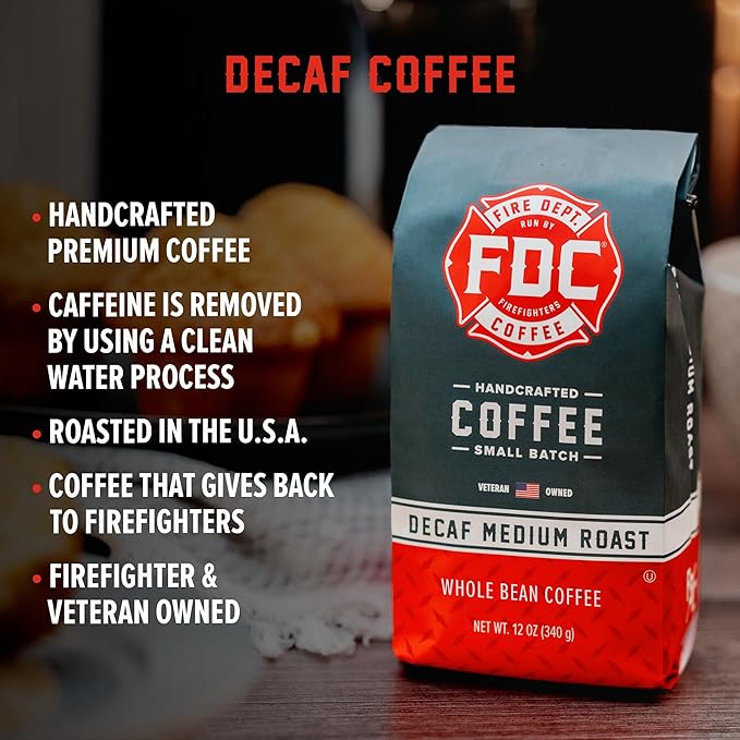 Fire Department Coffee - Gives Back to Firefighters - Premium Whole Bean Decaf Coffee - Roasted in the USA - Decaffeinated Using Natural Mountain Water - Veteran Owned -12 oz