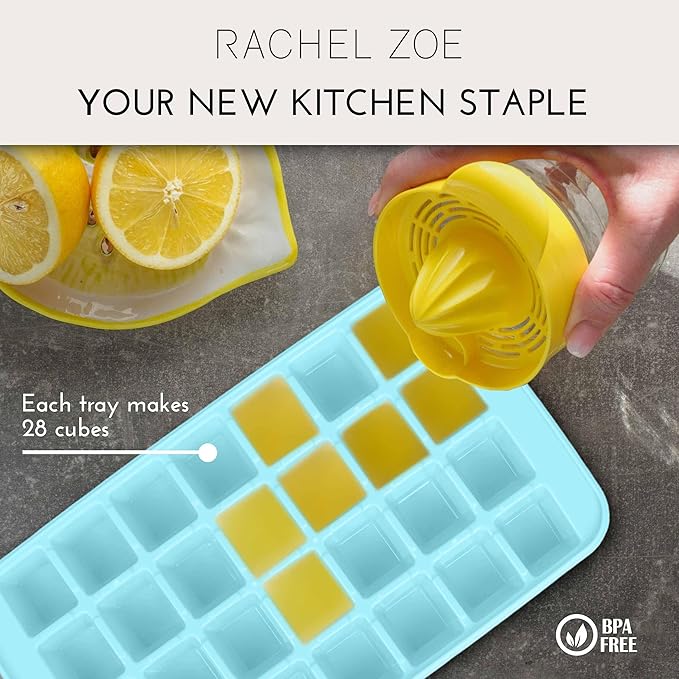 Rachel Zoe 2-Piece Stackable Ice Cube Tray with Bin Set, BPA Free 56 Cubes Ice Tray for Freezer with Bucket, Scoop and Easy Release Lid, for Fruit & Herb Infusions, Cocktails, Iced Coffee Drinks
