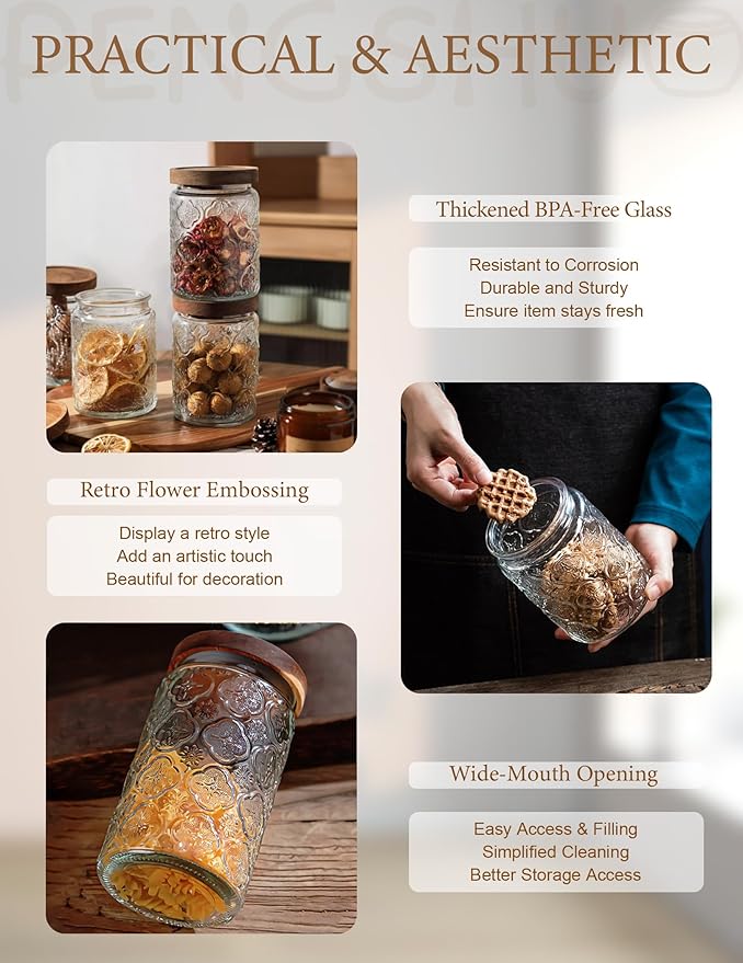 Vintage Glass Jars with Wood Lids - Airtight Canisters Sets for Kitchen Countertop and Bathroom, for Storage Candy, Cookie, Coffee, Apothecary, Sugar, Flour, Tea, Pet Treat, 34 OZ, Set of 2