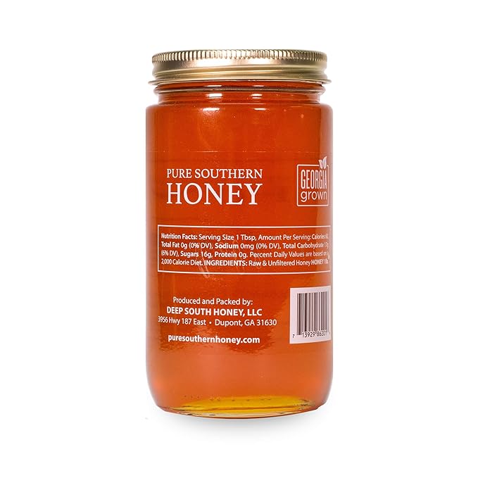 100% Authentic, USA - Made Raw Unfiltered Honey, Made by Pure Southern Honey [ 1 lb] - Unheated - Non - GMO, No Additives, All - Natural Sweetener- Environmental-Friendly Glass Jar