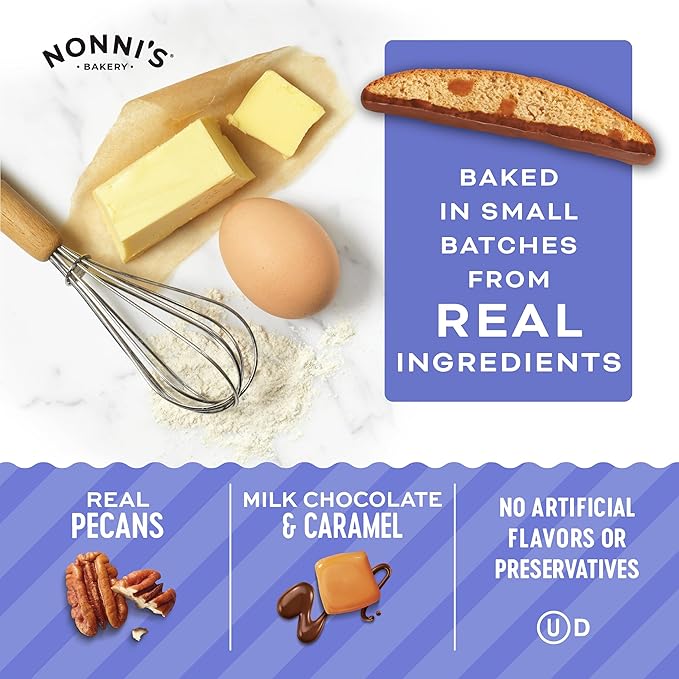 Nonni's Turtle Pecan Biscotti Italian Cookies - 3 Boxes Caramel Pecan Cookies Dipped in Milk Chocolate - Butter Pecan Biscotti Individually Wrapped Cookies - All Natural Ingredients - Kosher - 6.88 oz