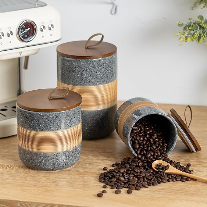 Large Storage Containers with Lids, Ceramic Coffee Container Kitchen Food Storage Cookie Jars with Airtight Lid for Spice Sugar Tea Bag, Stackable Decorative Jars for Counter, Grey & 61 fl.oz