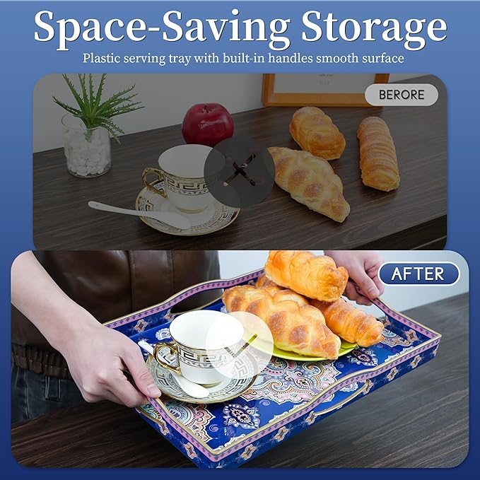 Gifturbo Serving Tray for Coffee Table, Rectangular Plastic Decorative Tray with 4 Handles for Entertaining, Outdoors, Living Room, Ottoman, Bathroom,Blue & Pink