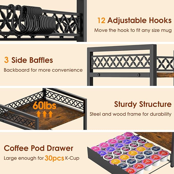 Coffee Bar Organizer Countertop, 2 Tier Mug Cup Holder Stand with 12 Hooks, 30 K Cup Coffee Pod Drawer with Mug Rack, Multifunctional Shelf Organizer for Accessories Station Kitchen (Brown)
