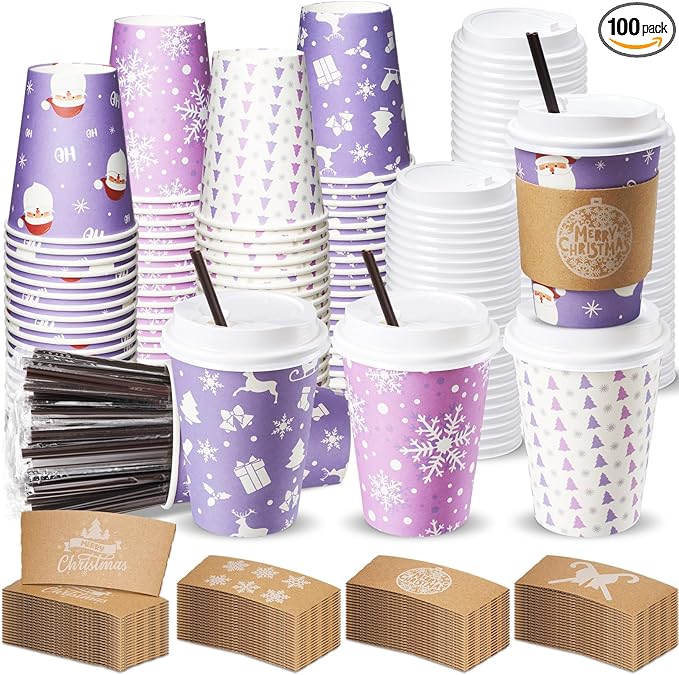Remerry 100 Sets 400 Pcs 12 oz Christmas Disposable Coffee Cups with Lid, Straws and Sleeves Snowflake Reindeer Snowman Paper Cups Xmas Party Supplies for Hot Drink Cold Beverage (Purple Christmas)