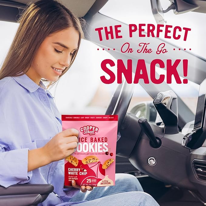 COOPER STREET Twice Baked Cherry White Chip Biscotti Cookies - Crispy Mini Biscotti Cookies Ideal with Coffee - Traditional Low Calorie Italian Snacks - Kosher, Dairy, Peanut & Soy Free (6 Pack)