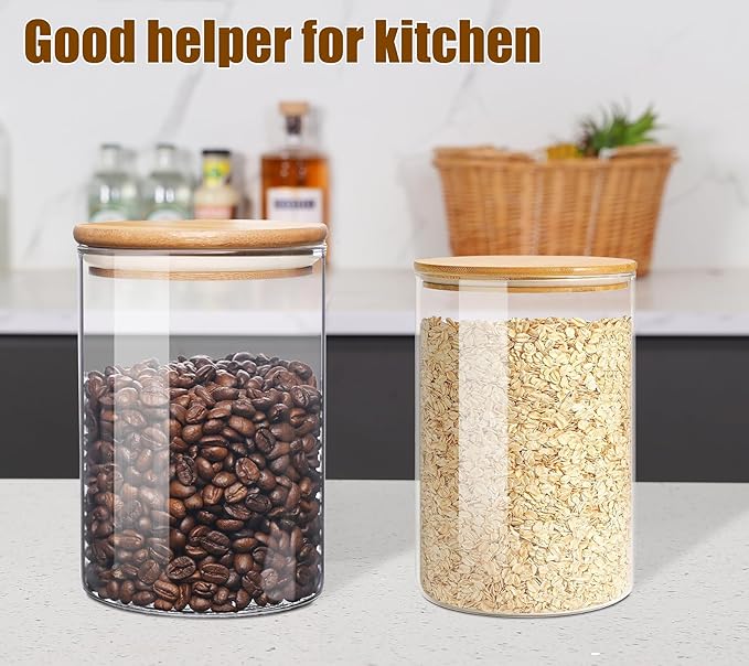 33 oz Glass Food Storage Jars with Airtight Lids, Clear Glass Jar with Bamboo Lid, Airtight Food Canister for Tea, Candy, Coffee, Sugar, Cookie, Snack. (Round | 5+6 Inch)