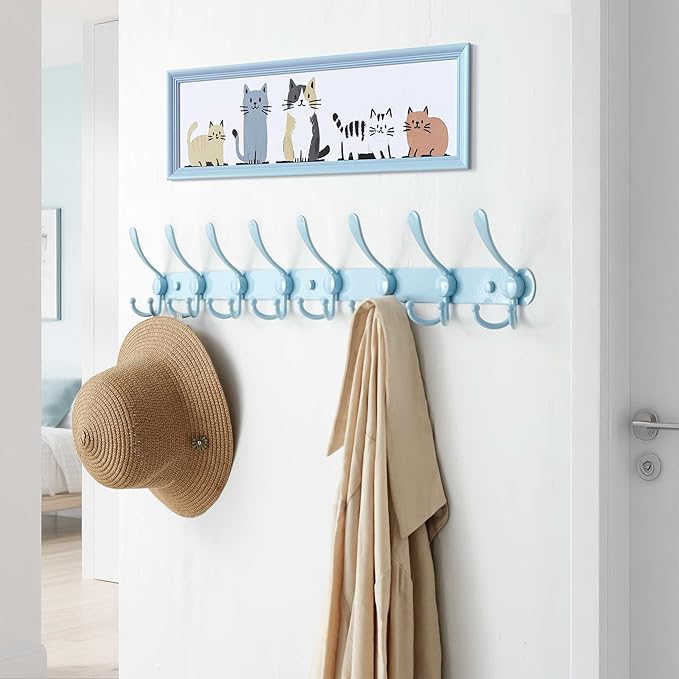 Dseap Coat Rack Wall Mount - 29.5” Long 8-Tri-Hooks Heavy Duty Coat Hanger Rail Wall Hooks for Hanging Coats Hats Clothing Clothes Purse Mudroom Entryway, Blue, Pack of 2