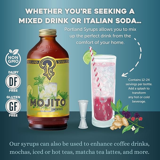 Portland Syrups Mojito Syrup - Refreshing Mint and Zesty Lime Flavor - Premium Beverage Concentrate for Cocktails, Mocktails, Tea, and More - 12 oz with 24 Servings (Pack of 2)