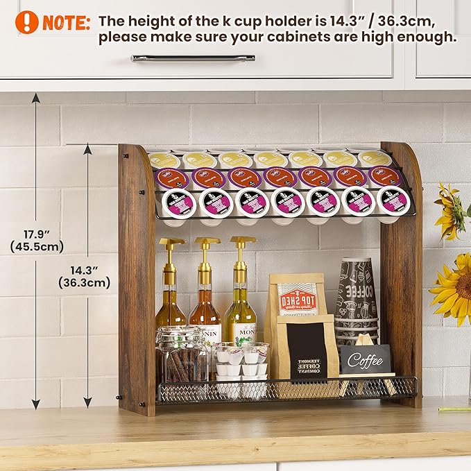 K Cup Holder - 2-Tier K Cup Organizer, Metal Coffee Pod Holder for Counter, Easy Assembly (Rustic Brown)