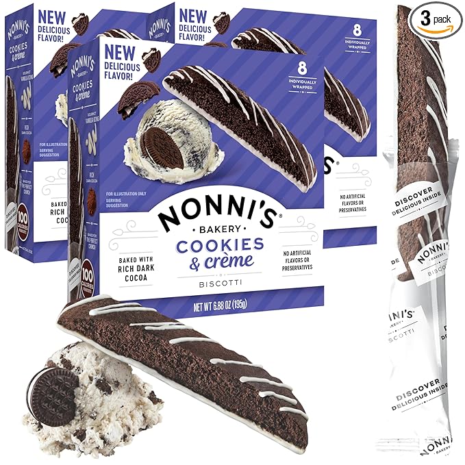 Nonni's Cookies & Crème Biscotti, Rich Dark Cocoa Cookie with Vanilla Icing, 8 Individually Wrapped Bakery Snacks, 6.88 oz, 3 Pack