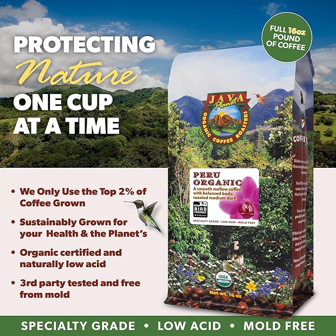 Low Acid Organic Coffee – Whole Bean, Mold-Free & Stomach Friendly by Java Planet, Peruvian Single Origin Coffee, Medium Dark Roast, Smooth Full Flavored, 5LB Bag