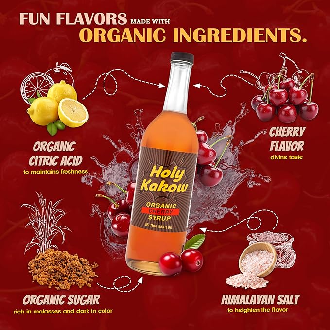 Holy Kakow Cafe Organic Cherry Syrup - Cherry Syrup, Coffee Syrup, Organic Syrup for Coffee, Cherry Syrup for Coffee, Add to Latte, Cocktail and Shake, Real Food Ingredients, Specific Flavor - 750ml