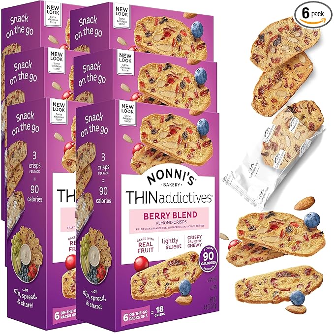 Nonni's THINaddictives Almond Thin Cookies - 6 Boxes Berry Blend Almond Cookies - Almond Cookie Thins w/Cranberries Blueberries Goldenberries Raisins Sunflower Seeds - Kosher - 4.4 oz