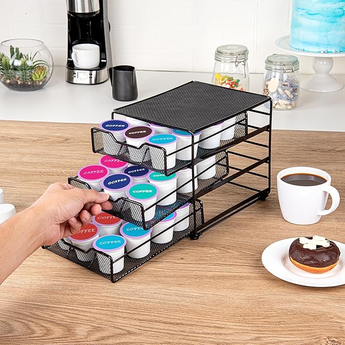 Restaurantware Restpresso 8.5 x 8.5x 7 Inch Multi-Tier Coffee Capsule Drawer 1 Heavy-Duty Pod Drawer - Holds 36 K-Cups Grip Top Iron Espresso Pod Organizer Mesh Tray Pods Not Included