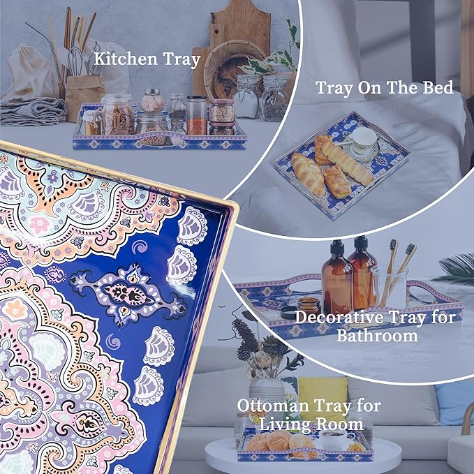 Gifturbo Serving Tray for Coffee Table, Rectangular Plastic Decorative Tray with 4 Handles for Entertaining, Outdoors, Living Room, Ottoman, Bathroom,Blue & Pink