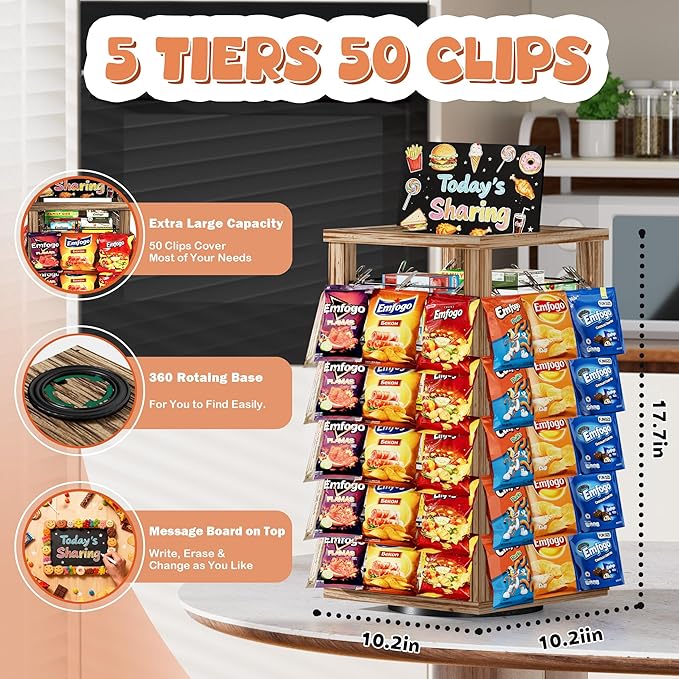 Emfogo Chip Rack Display Stand, 5-Tier Snack Organizer with 50 Clips for Office Desk, 360° Rotating Wooden Base Chip Holder, Snack Display for Concession Stand, Countertop, Party, with Message Board