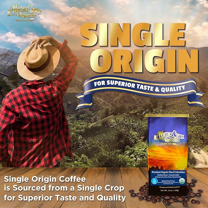 Mt. Whitney Premium Organic Spring Water Colombian, Medium Dark Roast, Low Acid, Decaf Coffee (Ground, 12 Oz)