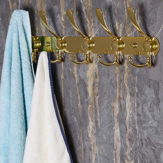 Dseap Coat Rack Wall Mounted - 5 Tri Hooks, Heavy Duty, Stainless Steel, Metal Coat Hook Rail for Coat Hat Towel Purse Robes Mudroom Bathroom Entryway,Gold