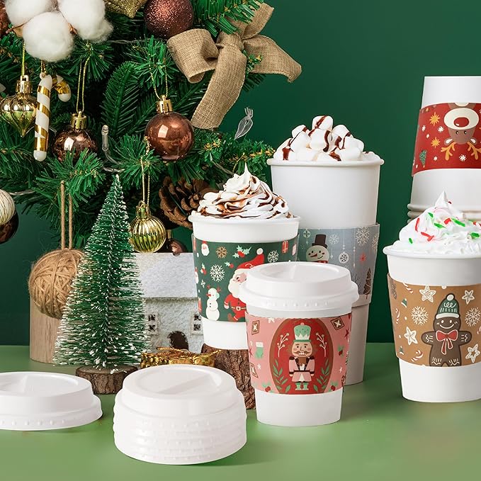 Fit Meal Prep 50 Pack 24 oz Christmas Disposable Coffee Cups with Lids, Sleeves, Leak-Proof To Go Coffee Cups with Lids, Durable Holiday Hot Paper Cups for Home, Office, Party, Business