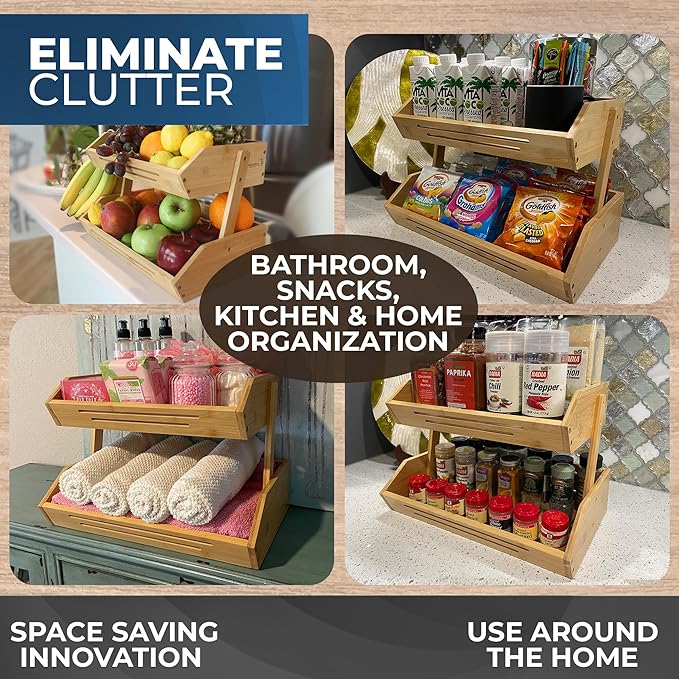 2 Tier Bamboo Fruit Basket for Kitchen Counter with Banana Hanger Hooks, Wooden Fruit Holder for Kitchen Countertop, Vegetable Storage Stand for Fruit Shop