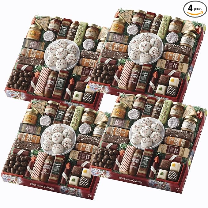 4 Red Gift Boxes - The Swiss Colony 27 Favorites Food Gift Set, Summer Sausage Meats and Cheeses, Assorted Chocolates, Candies, Petits Fours, Cheese & Charcuterie Board Gifts Basket, Holiday Christmas