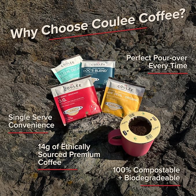 Coulée EcoPour Coffee Variety Pack, All Paper Single Serve Coffee, Use for Camping or Traveling, Pre Filled Compostable Filters, Ready to Brew with Hot Water, Plastic Free, Includes 4 Flavors, 20 Pack