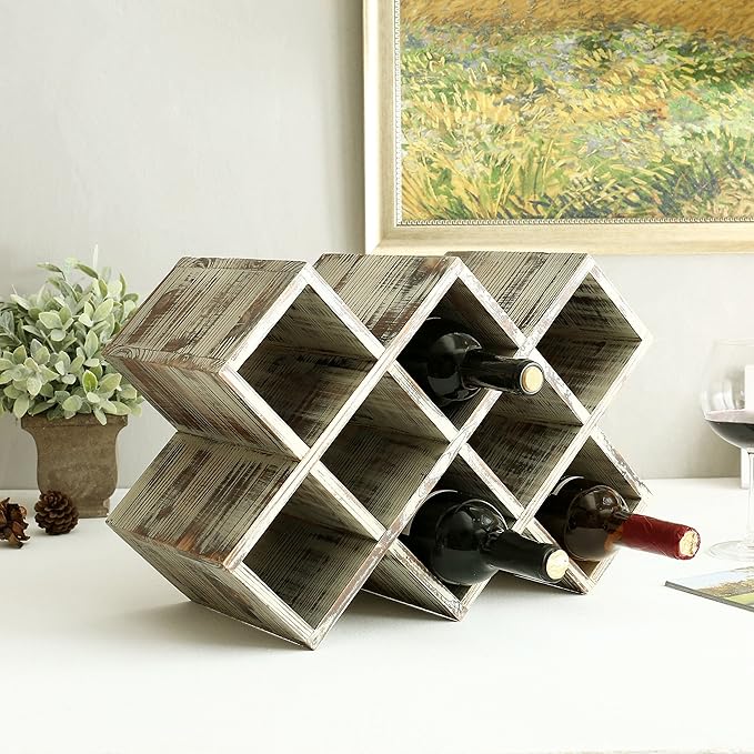 MyGift Rustic Torched Wood Wine Rack – 8-Bottle Countertop Holder, Geometric Freestanding Organizer for Home Bar, Farmhouse Kitchen, Wedding & Party Decor