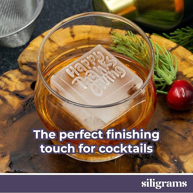 SILIGRAMS Thanksgiving Ice Cube Mold – 2” Custom Whiskey & Cocktail Ice Tray – Holiday-Themed Silicone Ice Cube Mold – Festive Gift for Hosts & Fall Entertaining – Reusable Ice Mold