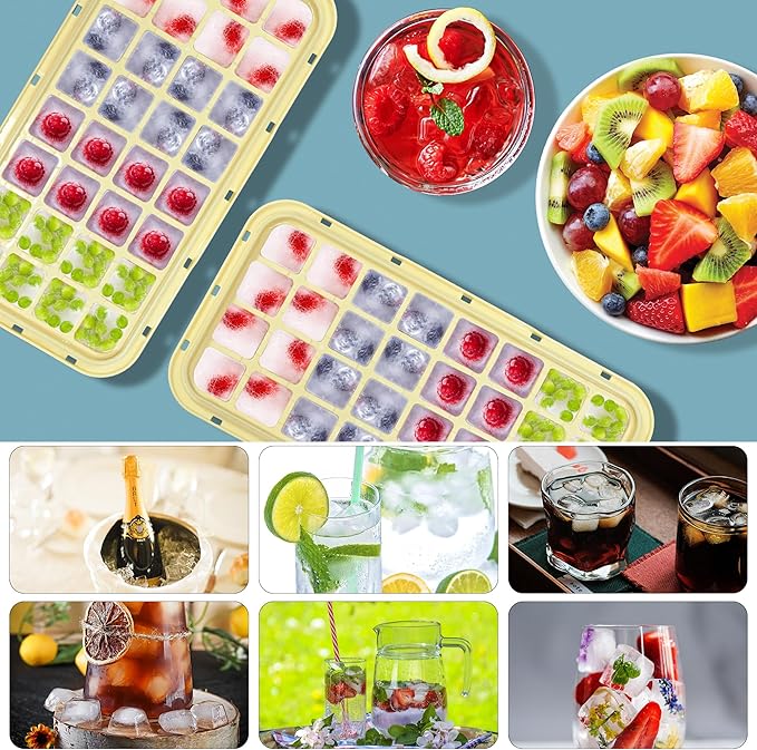Ice Cube Tray, Press Type Ice Cube Maker, Ice Cube Trays with Lid and Storage, Yellow Ice Cube Moulds, 64 Pcs Ice Cubes, Easy Press to Release Ice, BPA Free, with Cover 2 Trays 1 Ice Bucket & Scoop