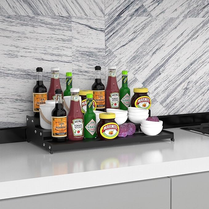 Spice Rack Organizer 3 Tier Expandable Display Shelf(12.8"-24.01" W) Non-Skid Heavy Duty Sturdy Metal Iron Alloy Steel Step Racks 1 Pack/Black