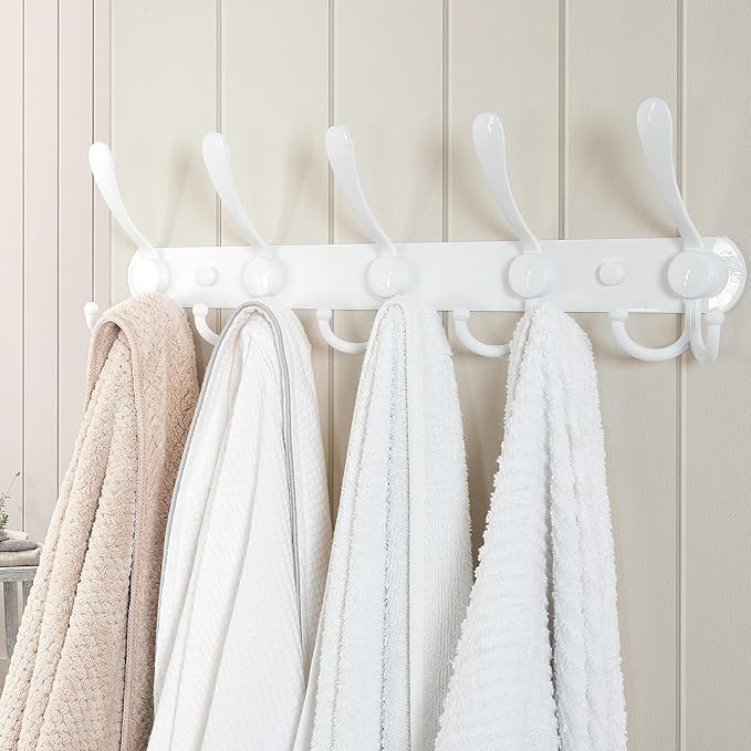 Dseap Wall Mounted Coat Rack - 5 Tri Hooks, Heavy Duty, Stainless Steel, Metal Coat Hook Rail for Coat Hat Towel Purse Robes Mudroom Bathroom Entryway,White