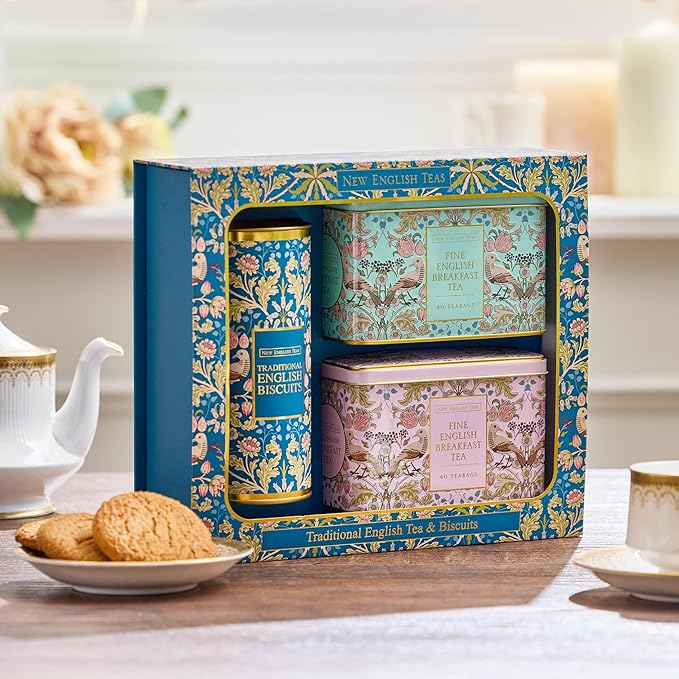New English Teas Traditional Tea & Cookies Gift Set with 80 English Breakfast Teabags & Cornish Cookies