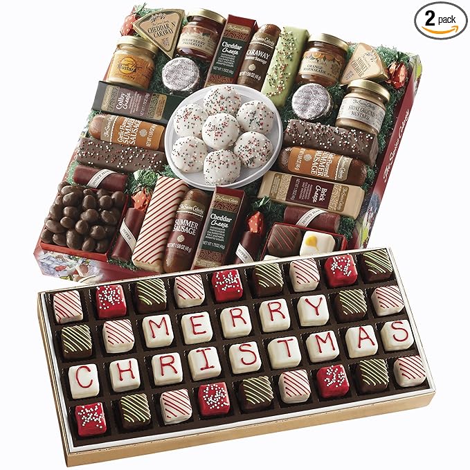 The Swiss Colony 27 Favorites and 36 'Merry Christmas' Petits Fours Christmas Gift Bundle - Assorted Cheeses, Candies, Chocolates, Summer Sausage Meats, and Gourmet Mini Layer Cakes