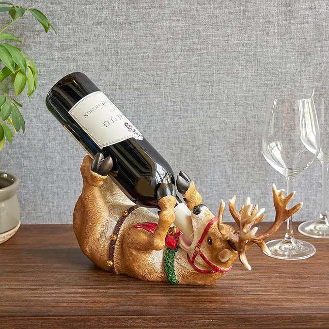 True Reindeer Polyresin Wine Bottle Holder - Table Top and Counter Wine Rack, Animal Home Decor, Set of 1, Brown, Holds 1 Standard Wine Bottle