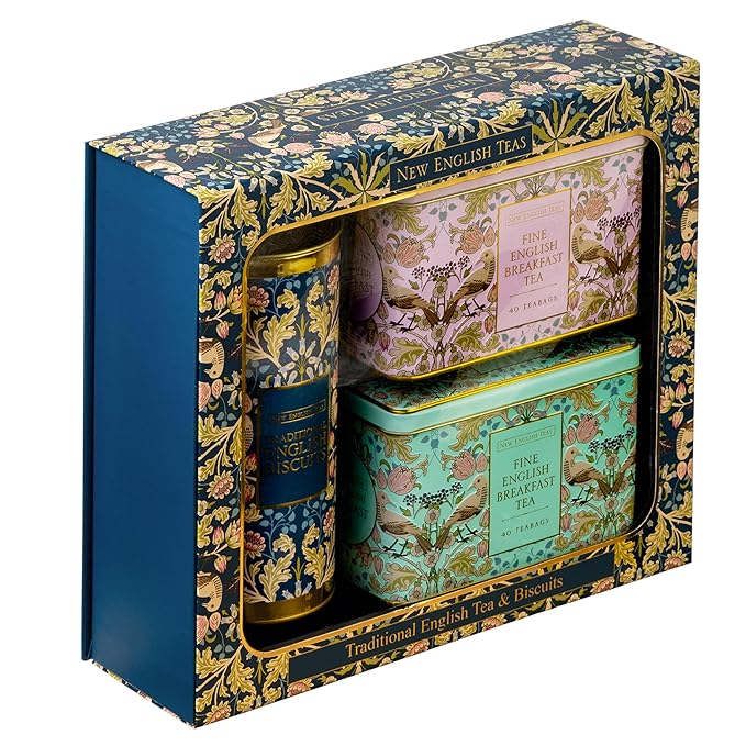 New English Teas Traditional Tea & Cookies Gift Set with 80 English Breakfast Teabags & Cornish Cookies