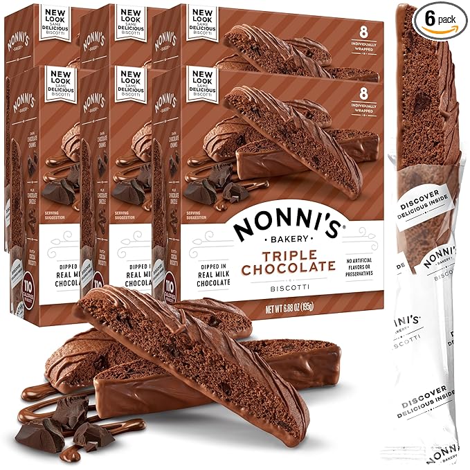 Nonni's Triple Chocolate Biscotti Italian Cookies - 6 Boxes Triple Chocolate Italian Biscotti Cookies w/Dark Chocolate - Biscotti Individually Wrapped Cookies - Kosher Chocolate Coffee Cookie 6.88 oz