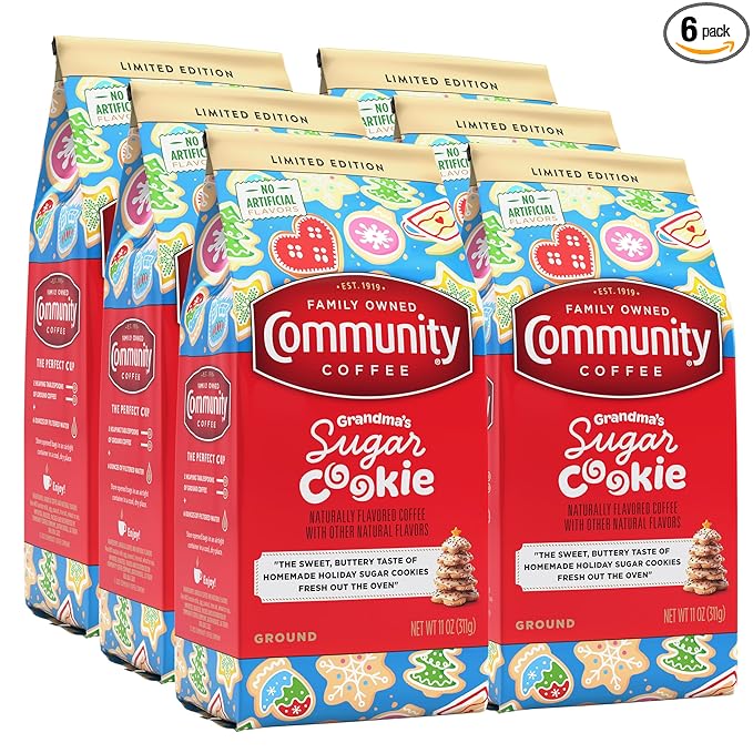 Community Coffee Grandma's Sugar Cookie Ground Coffee, Limited Edition Holiday Flavor, Natural Ingredients, 11 Ounce (Pack of 6)