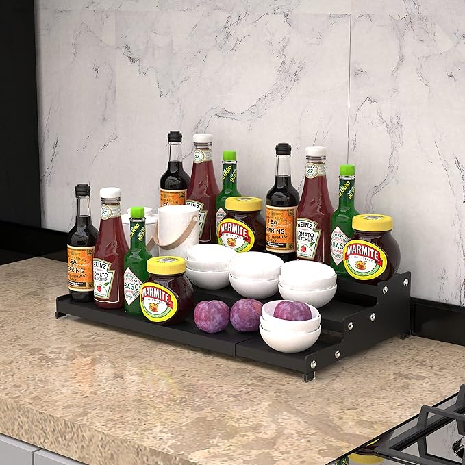 Spice Rack Organizer 3 Tier Expandable Display Shelf(12.8"-24.01" W) Non-Skid Heavy Duty Sturdy Metal Iron Alloy Steel Step Racks 2 Packs/Black