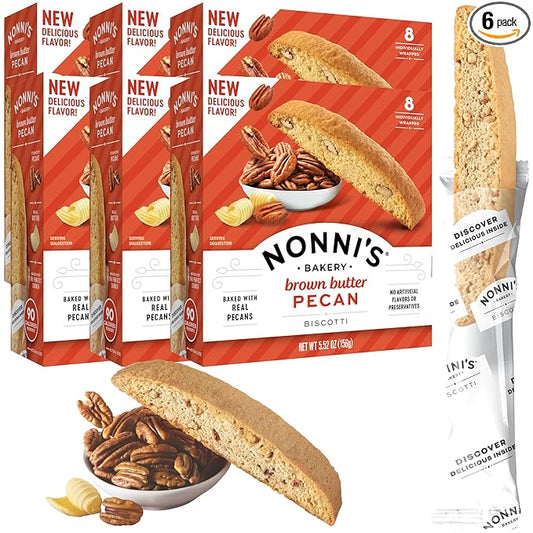 Nonni's Brown Butter Pecan Biscotti, Nutty Pecan Cookie with Rich Browned Butter Flavor, 8 Individually Wrapped Bakery Snacks, 5.52 oz, 6 Pack