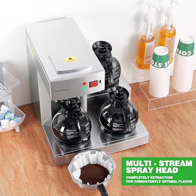 12 Cup Commercial Coffee Maker, Drip Coffee Maker Machine with 3 Warmers Plate and 3 Glass Decanters, Stainless Steel Pour Over Commercial Coffee Brewer for Restaurant, Office, Cafe Use