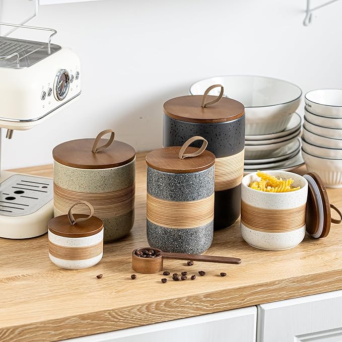 Ceramic Jar with Lid, Coffee Container Kitchen Food Storage Jars for Spice Sugar Tea Bag, Stackable Decorative Jars for Countertop, Black & 18 fl.oz