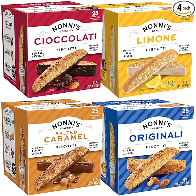 Nonni's Biscotti Variety Pack – 4 Flavors (Originali, Cioccolati, Limone, Salted Caramel) – 100 Individually Wrapped Italian Cookies, Crunchy Almond, Kosher & Vegetarian, 5.1 lb