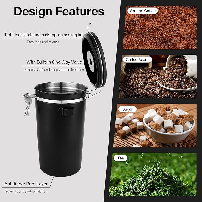 Coffee Canister Set of 3, Airtight Coffee Container with Date Tracker Lid, Stainless Steel Canister for Kitchen Food Storage (Black, 180oz)
