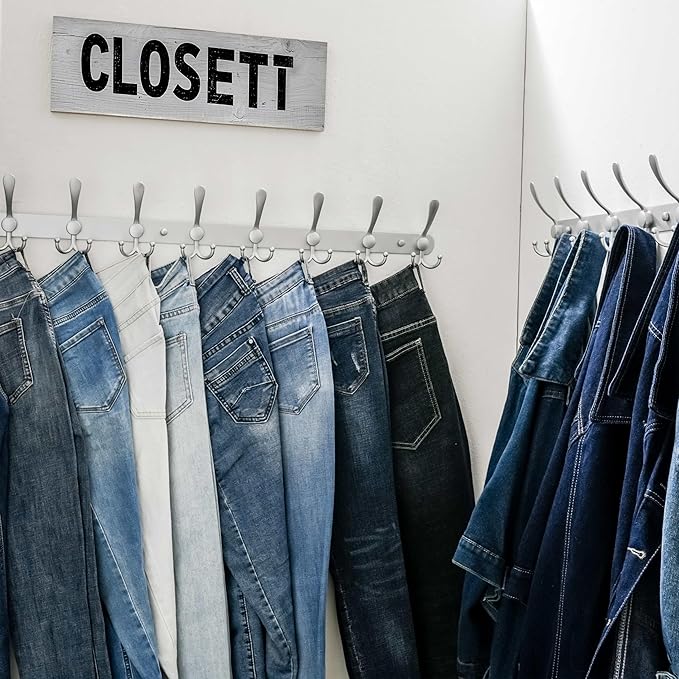 Dseap Coat Rack Wall Mount - 29.5” Long 8-Tri-Hooks Heavy Duty Coat Hanger Rail Wall Hooks for Hanging Coats Hats Clothing Clothes Purse Mudroom Entryway, Silver, Pack of 2