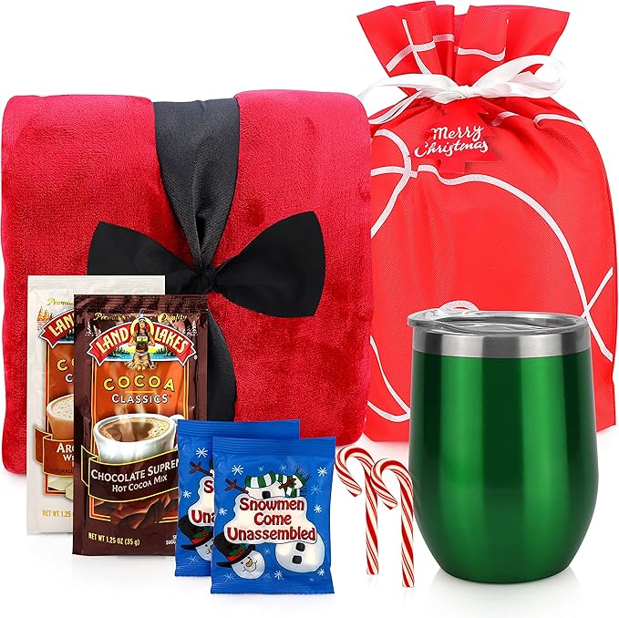 Christmas Gifts Christmas Blanket Set- Includes Luxury Red Blanket, Insulated Mug, Hot Chocolate, Candy & Marshmallows Presents Arrive in Beautiful Gift Bag with Ribbon